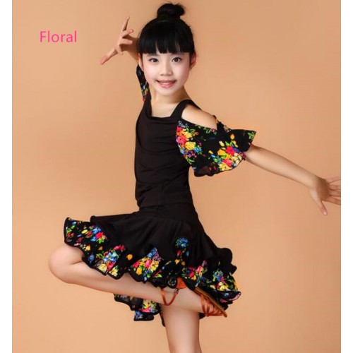 Black hot pink yellow Girls Kids Children Modern gymnastics Latin Dance Dress  Salsa Tango Dance Wear Black Performance Stage Wear Outfits